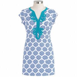 Hatley Women’s Medium Blue White Print Dress Turquoise Trim Short Sleeve